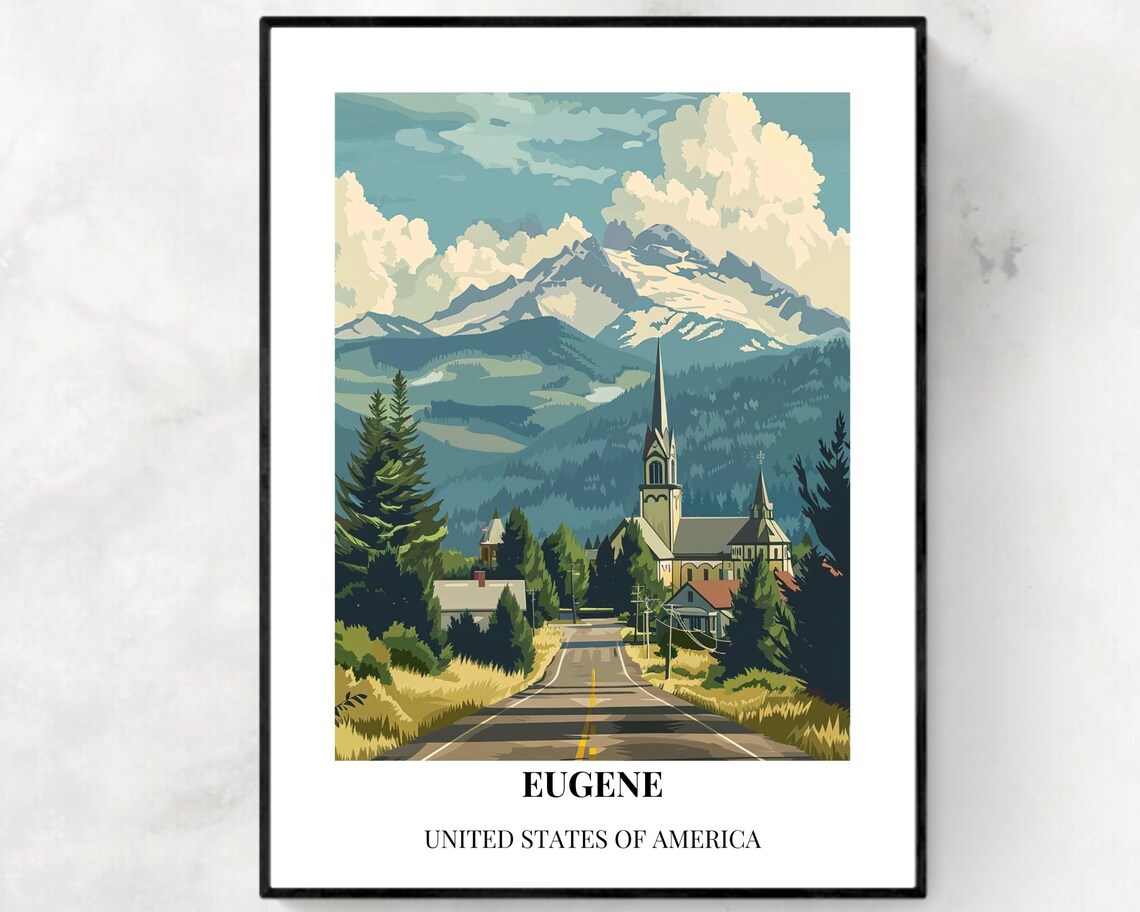 Eugene Oregon Country Road Church Mountain View Travel Poster