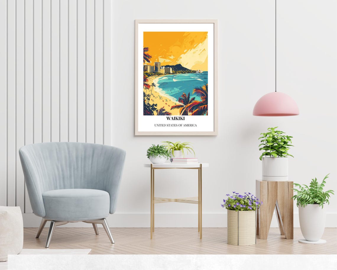Waikiki Hawaii Diamond Head Golden Sunset Ocean Beachfront Poster - Image 2