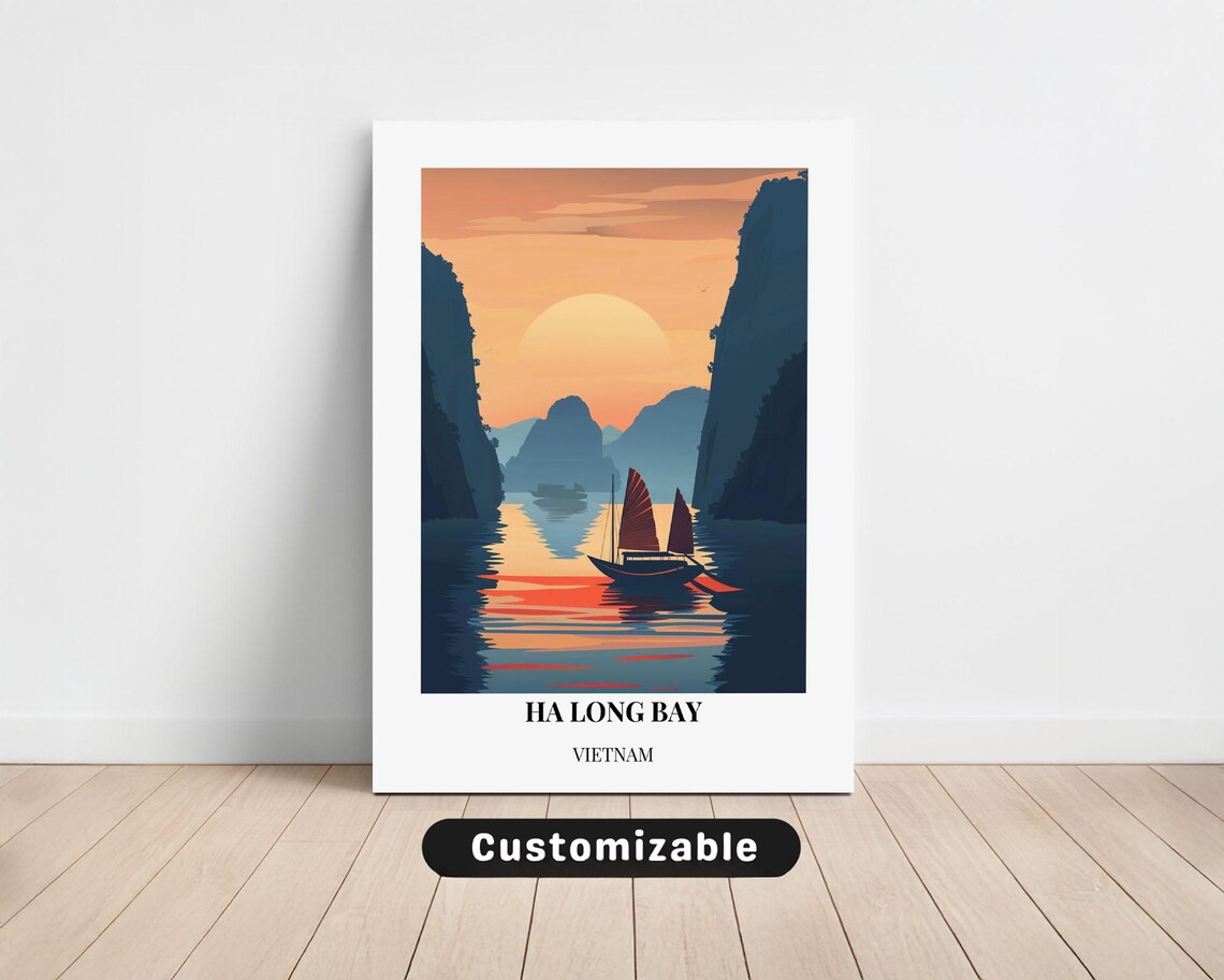 Ha Long Bay Vietnam Minimalist Sunset Junk Boat Travel Poster