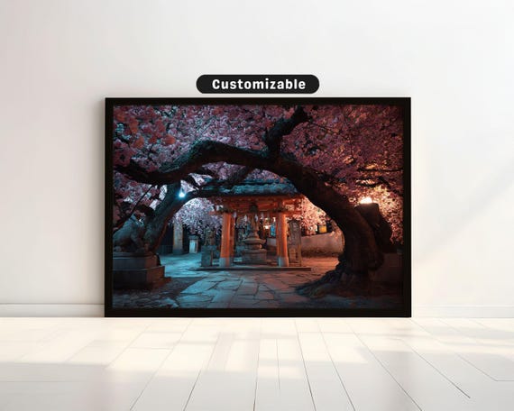 Blossoming Plum Tree Arching Over Lanternlit Shrine Japanese Wall Art Print Zen Asian Decor