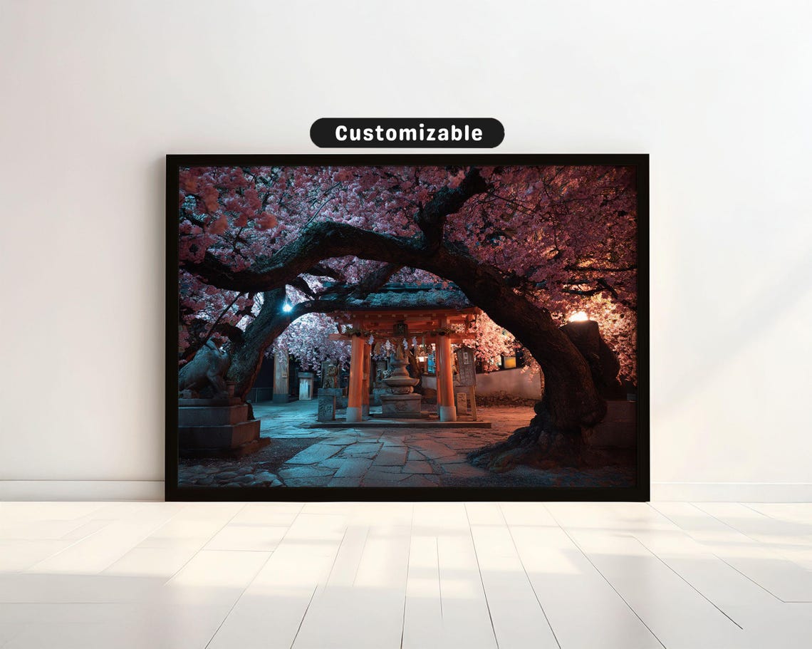 Blossoming Plum Tree Arching Over Lanternlit Shrine Japanese Wall Art Print Zen Asian Decor