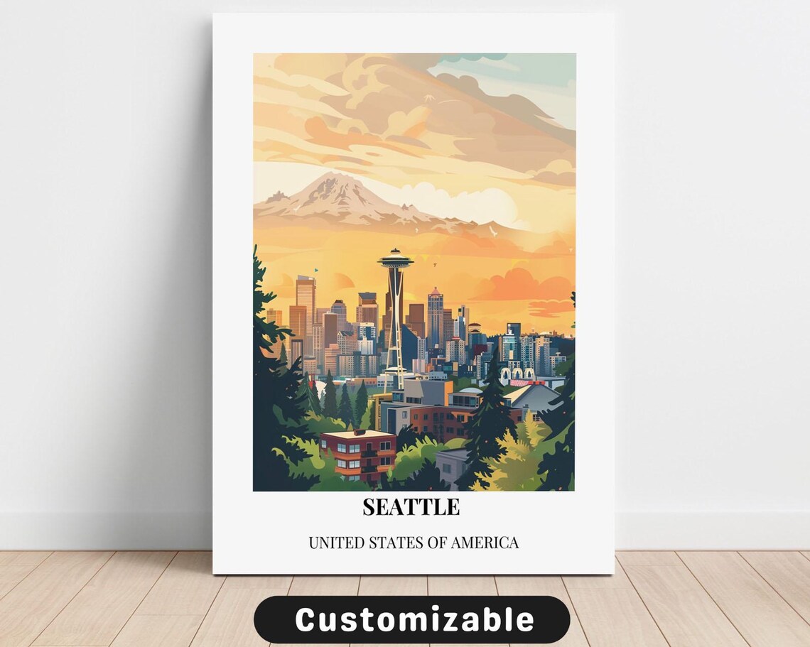 Seattle Space Needle Sunset Travel Poster United States of America