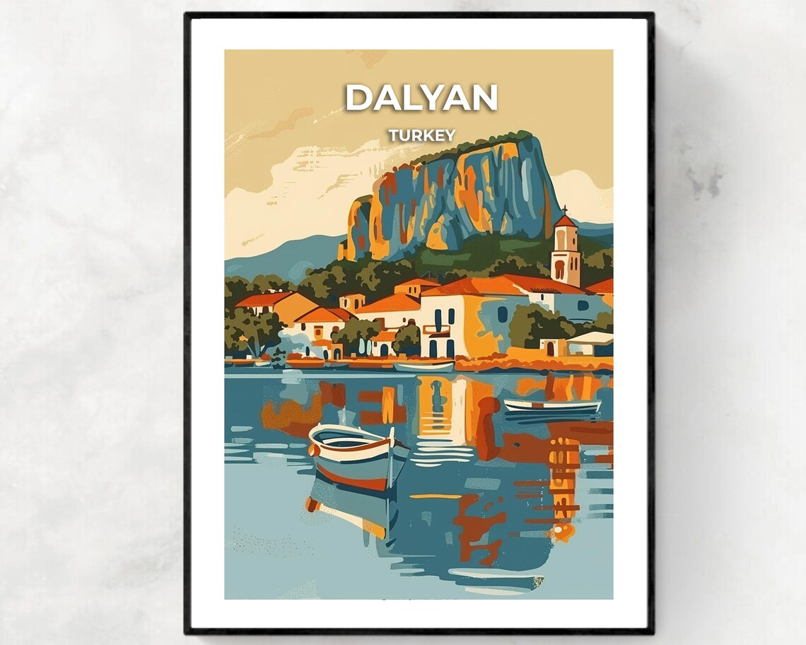 Dalyan Turkey Waterfront Boats Rock Cliff Reflections Travel Poster
