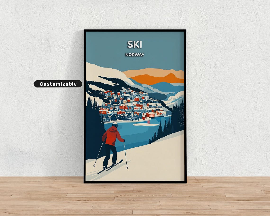 Ski Norway Customizable Poster Skier Overlook Alpine Lake Town