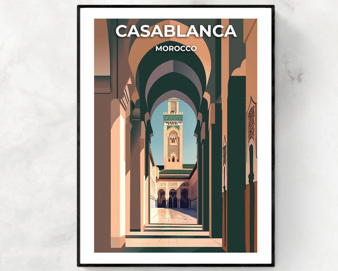 Casablanca Morocco Mosque Shadowed Arched Corridor Travel Poster