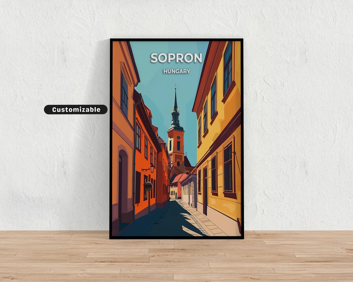 Sopron Hungary Old Town Street Church Tower Retro Travel Poster