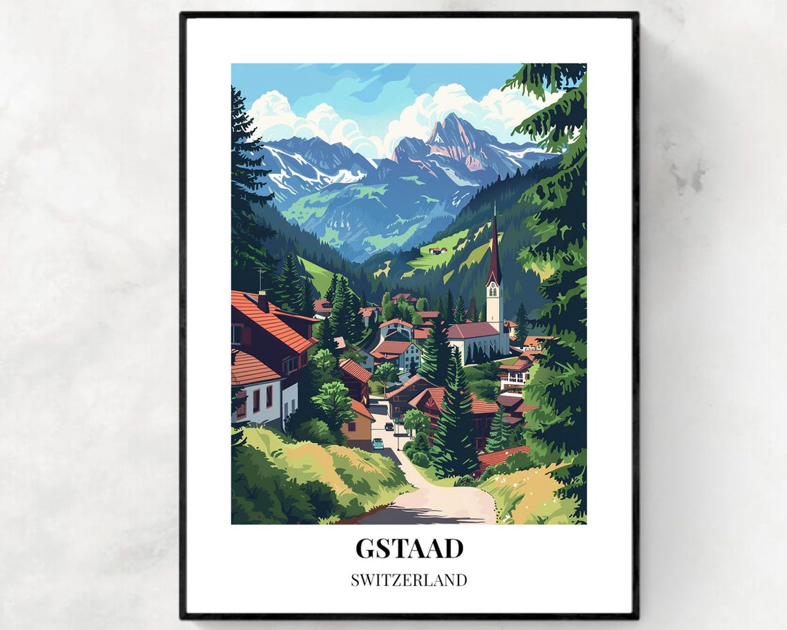 Gstaad Switzerland Alpine Village Mountains Vintage Travel Poster