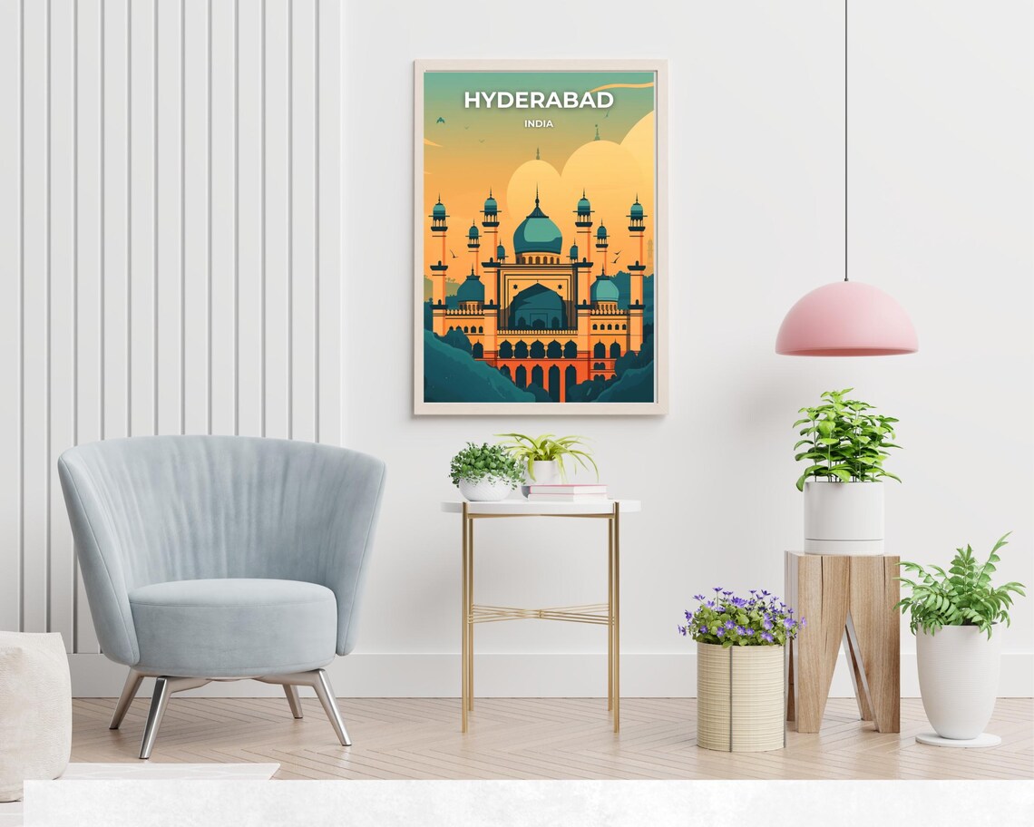 Hyderabad India Teal Dome Grand Mosque Vivid Sunset Travel Poster - Image 2