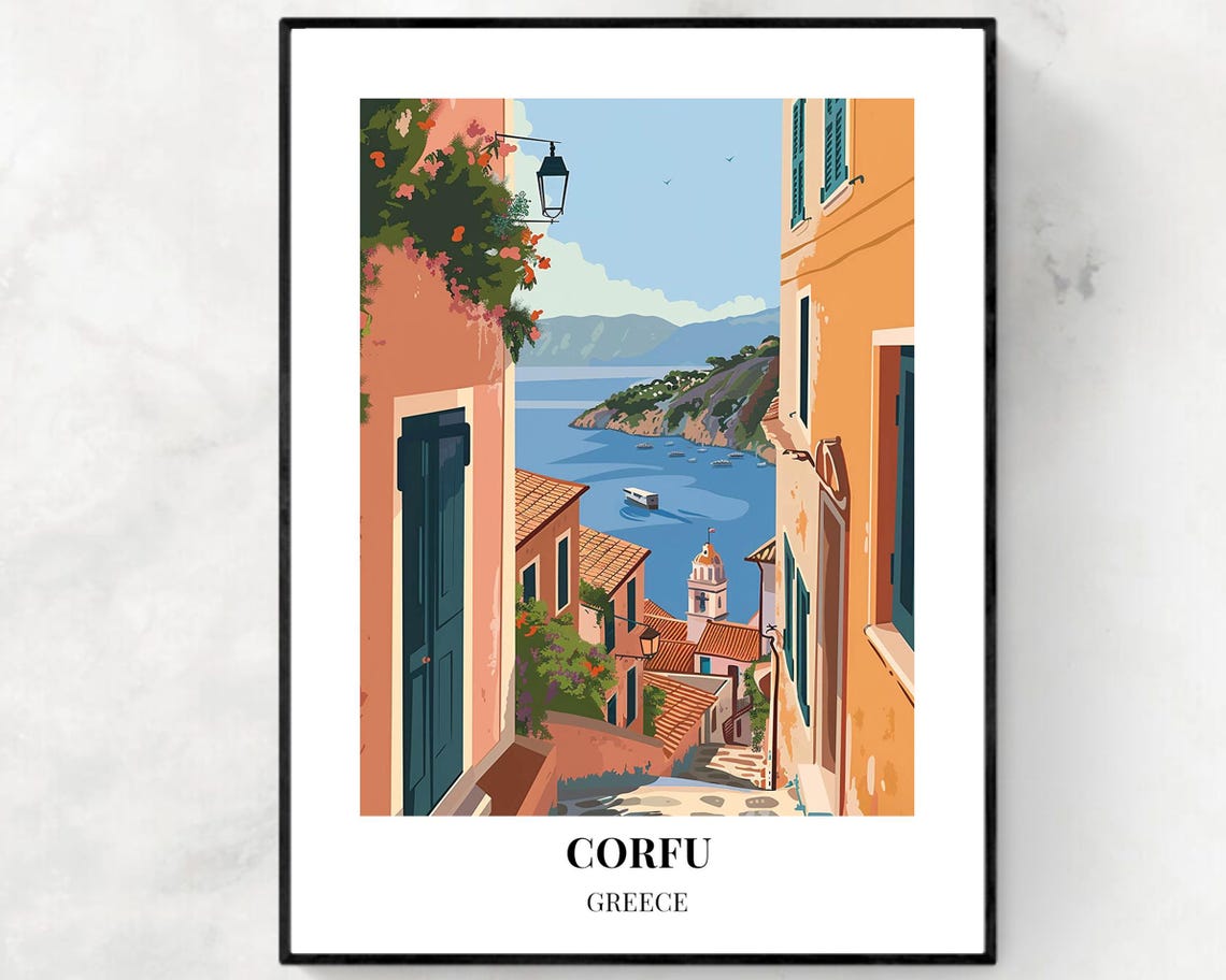 Corfu Greece Charming Old Town Alley Flowered Harbor View Poster