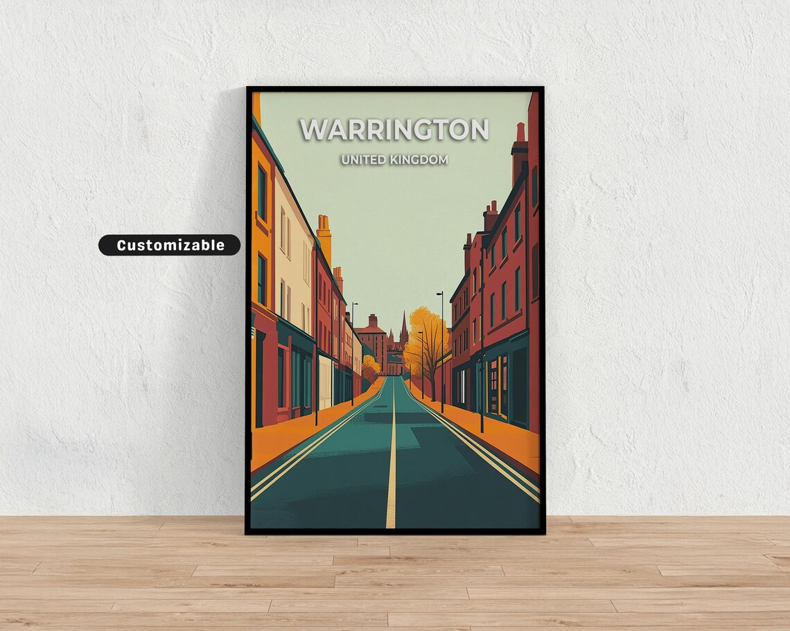 Warrington United Kingdom Red Brick Street Church Spire Travel Poster