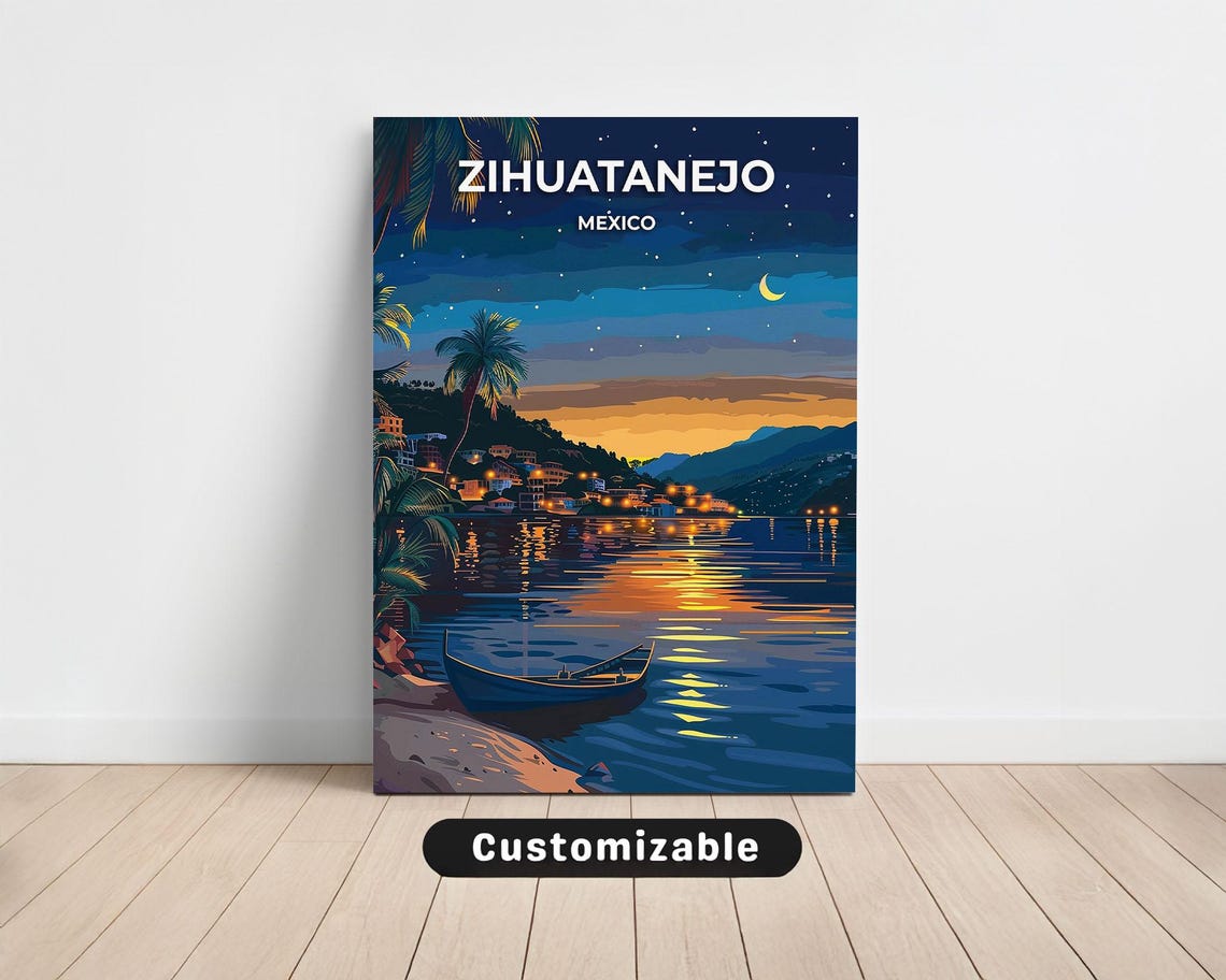 Zihuatanejo Mexico Moonlit Bay Night Lights Coastal Travel Poster