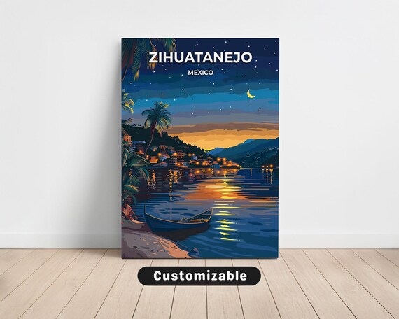 Zihuatanejo Mexico Moonlit Bay Night Lights Coastal Travel Poster