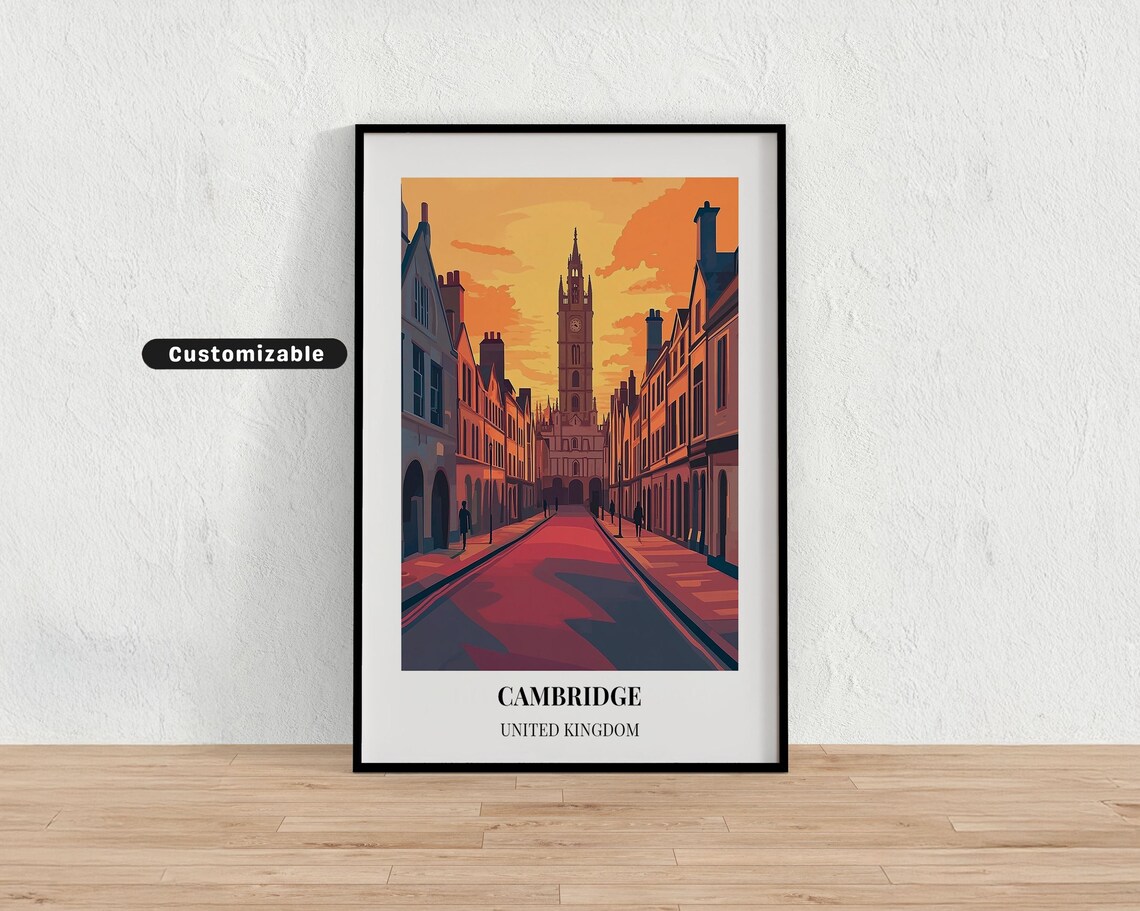 Cambridge United Kingdom Sunset Street Clock Tower Travel Poster