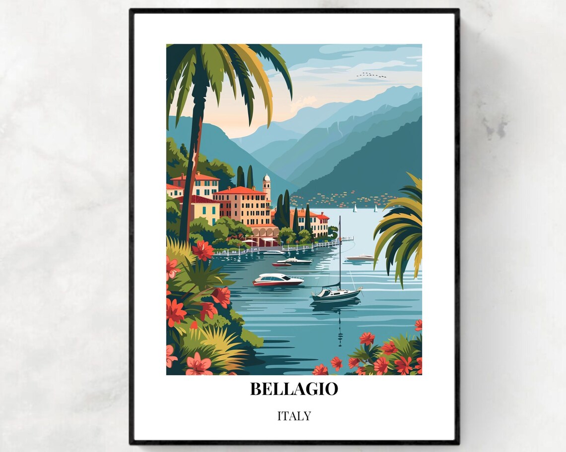 Bellagio Italy Lake Como Lakeside Harbor Boats Vintage Travel Poster