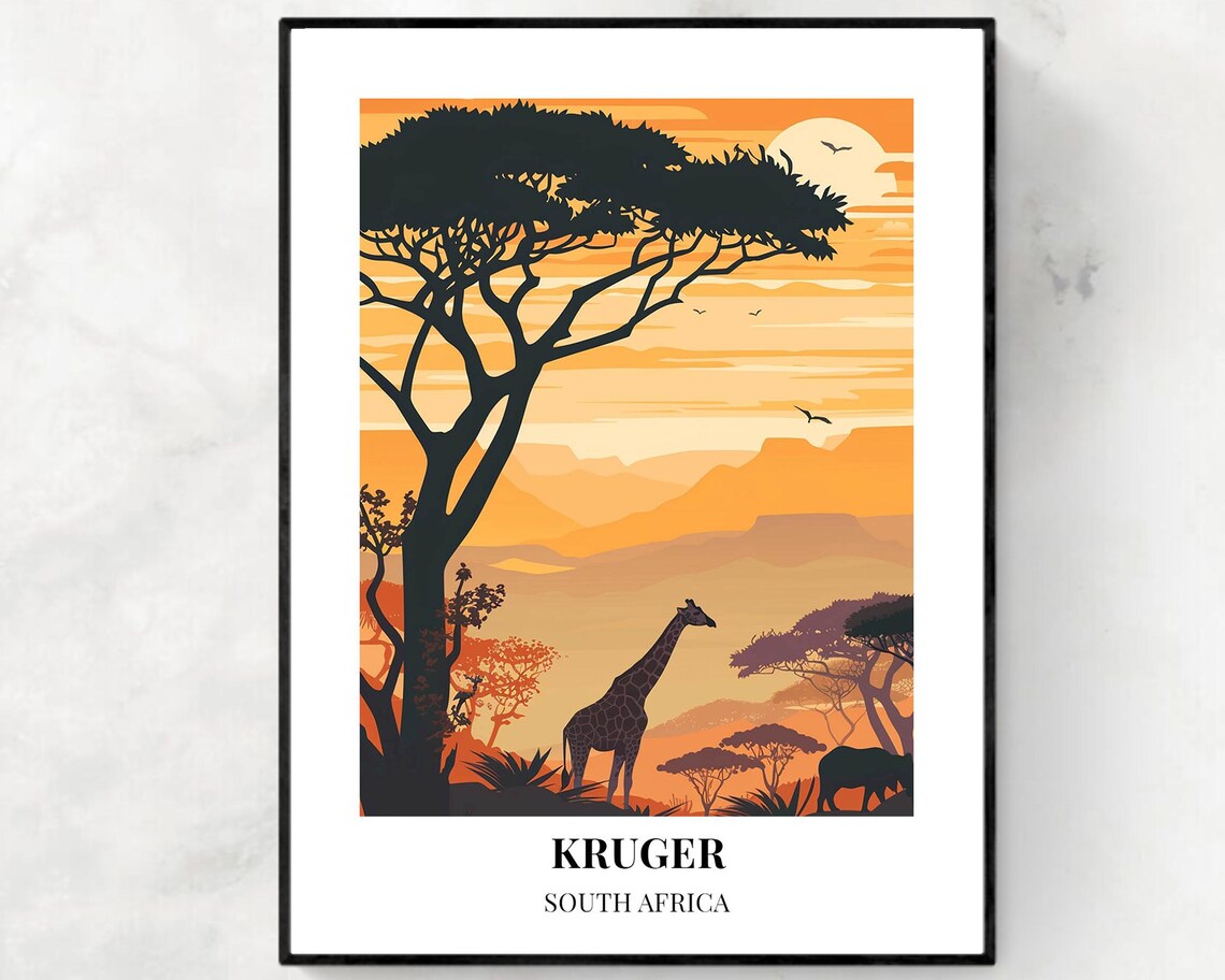 Kruger South Africa Giraffe Acacia Sunset Golden Savanna Travel Poster