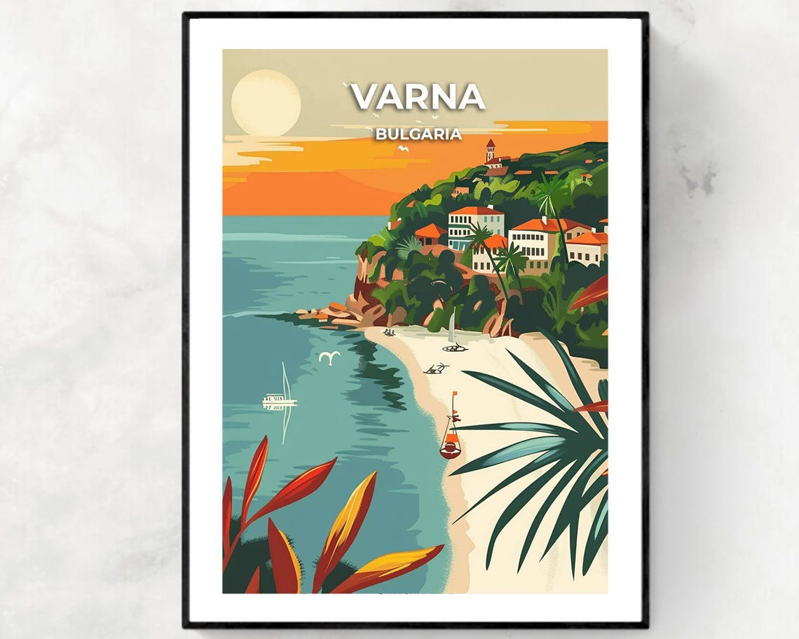 Varna Bulgaria Sunset Beach Cove Seaside Illustration Poster