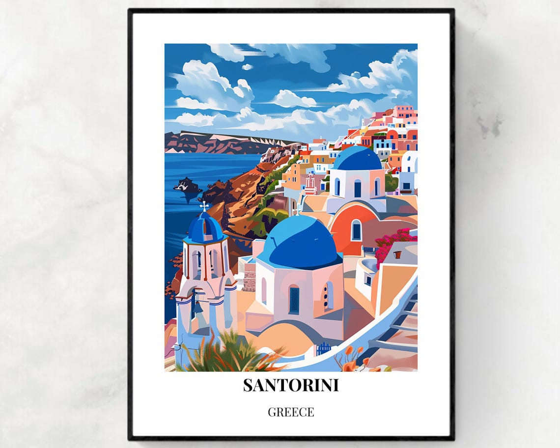 Santorini Greece Blue Domed Churches Over the Caldera Travel Poster