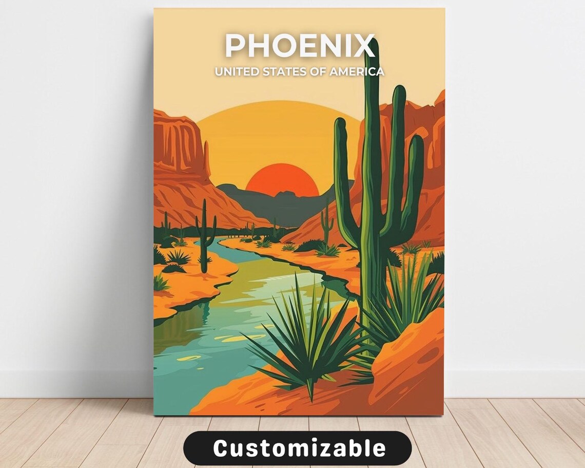 Phoenix Desert Canyon Sunset Retro Travel Poster United States of America