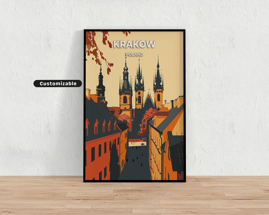 Krakow Poland Vintage Travel Poster with Autumn Old Town Skyline