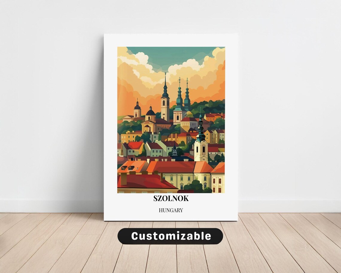Szolnok Hungary Travel Poster Historic Old Town Skyline Retro Art