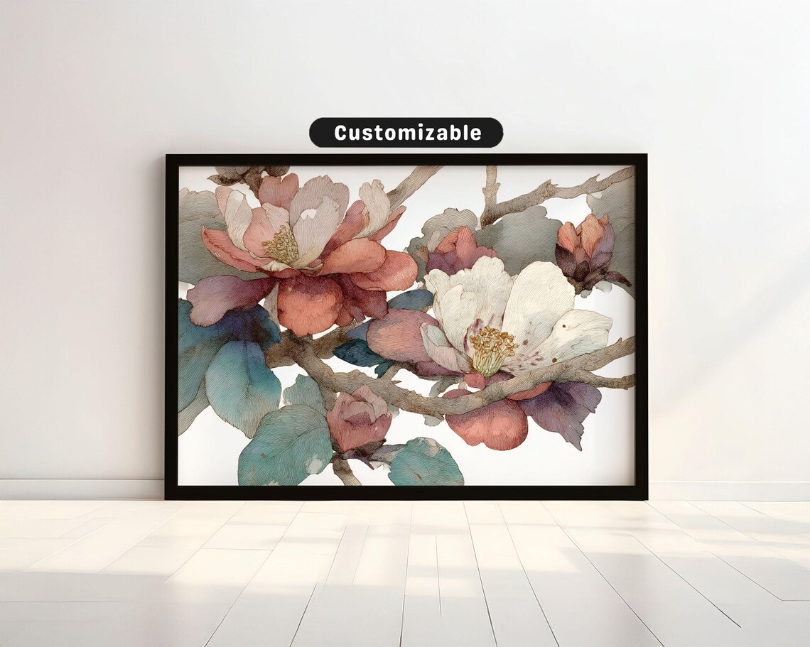 Botanical Ink Illustration With Soft Color Wash Wall Art Neutral Minimal Print