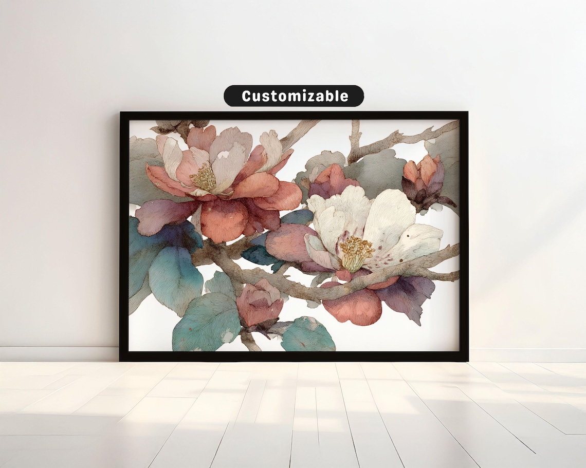 Pink Quince Blossom Watercolor Branch Blush Floral Horizontal Wall Art