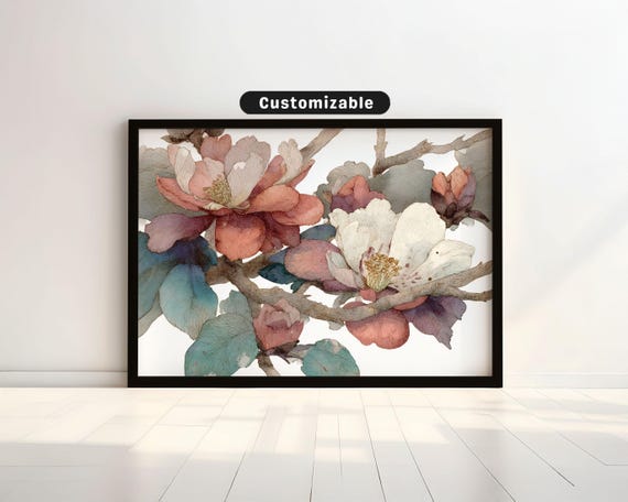 Botanical Ink Illustration With Soft Color Wash Wall Art Neutral Minimal Print