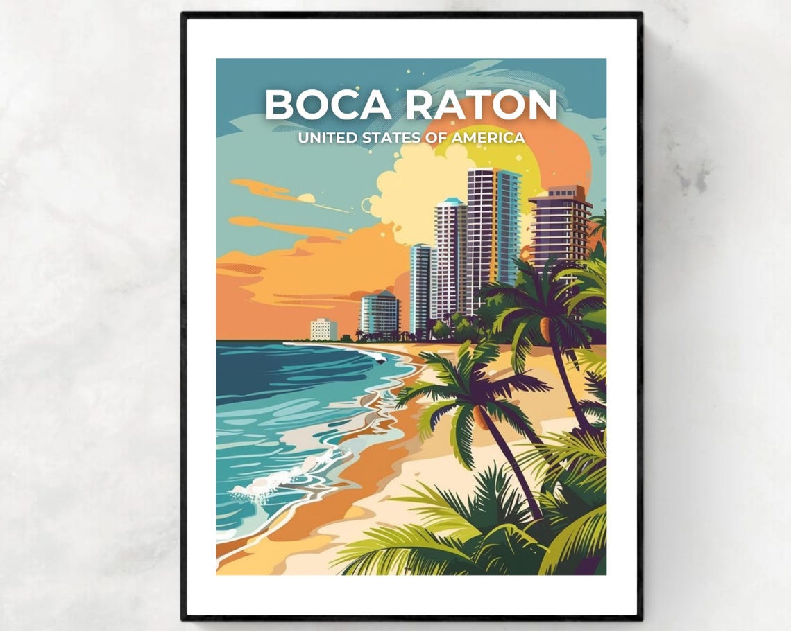 Boca Raton Beach Sunset Skyline Full Bleed Top Text Travel Poster