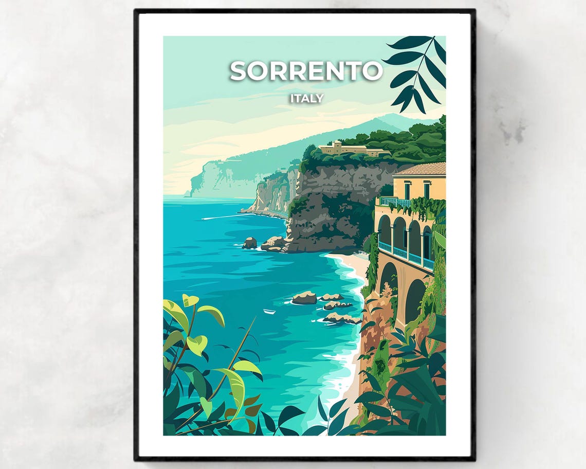 Sorrento Italy Turquoise Bay With Cliffs And Villa Terrace Poster