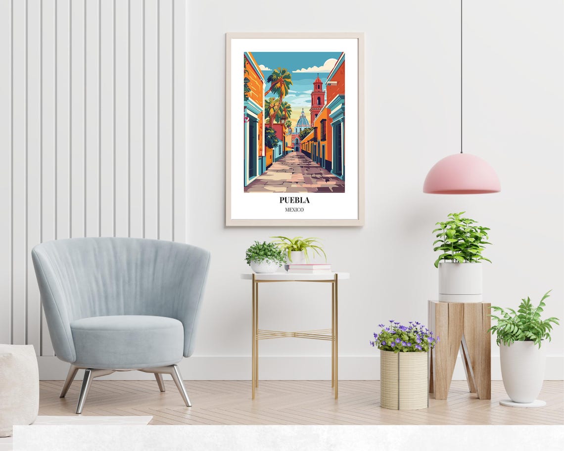 Puebla Mexico Sunlit Colonial Street Cathedral Palm Trees Poster - Image 2
