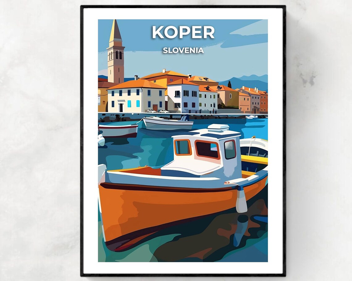 Koper Slovenia Harbor Poster with Fishing Boat and Church Tower