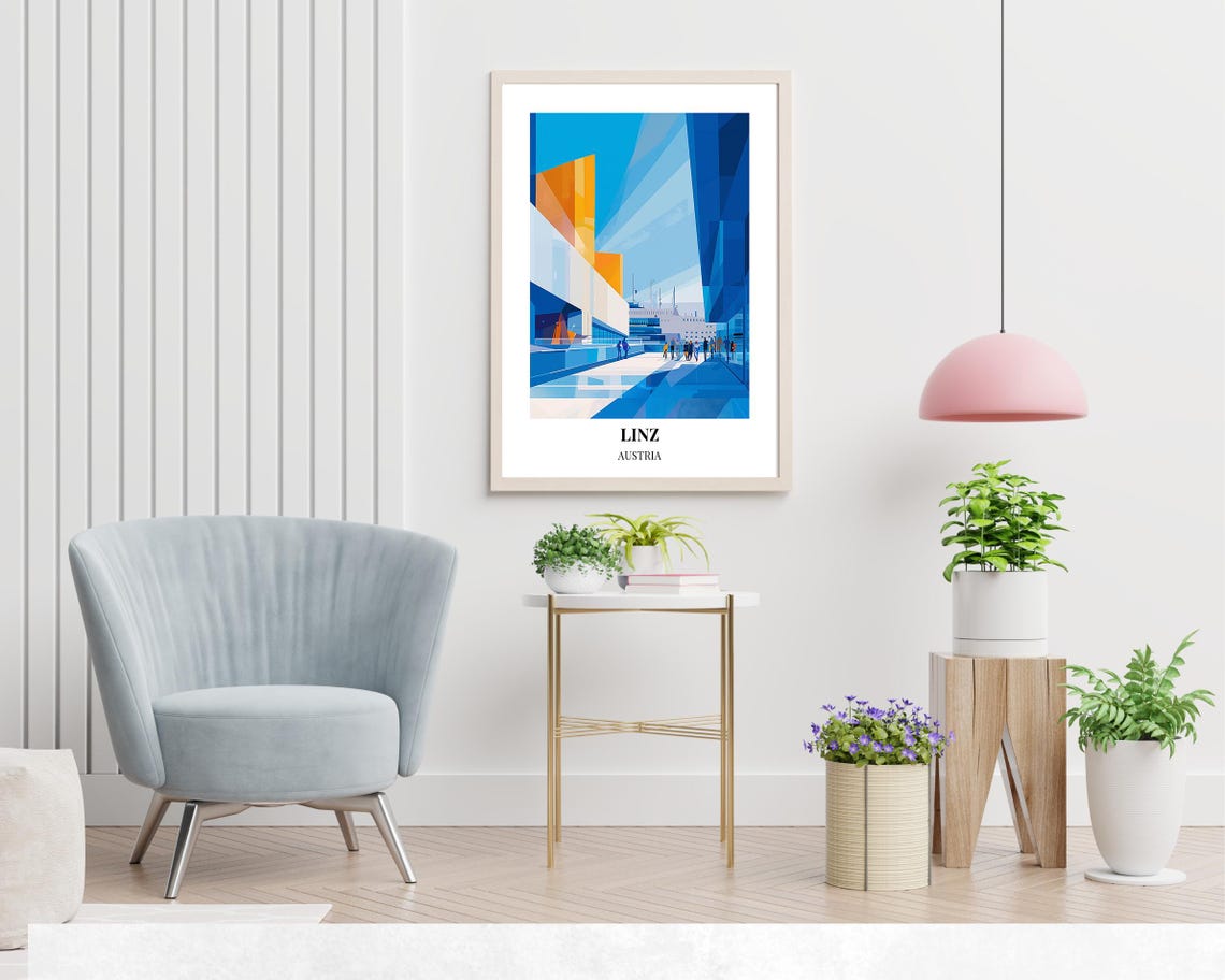 Linz Austria Abstract Blue Orange Modern Architecture Art Poster - Image 2