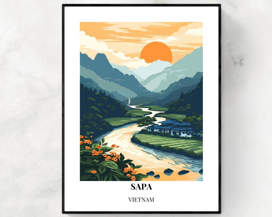 Sapa Vietnam Mountain Valley River Sunset Highlands Travel Poster