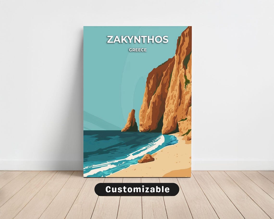 Zakynthos Greece Turquoise Cliffside Beach Vintage Travel Poster