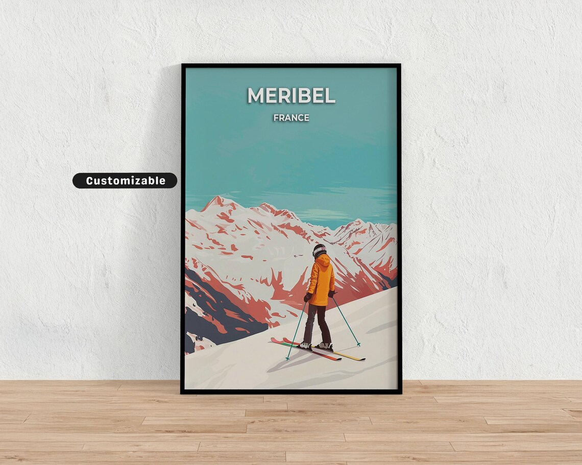 Meribel France Skier On Sunrise Slope Pink Peaks Alpine Travel Poster
