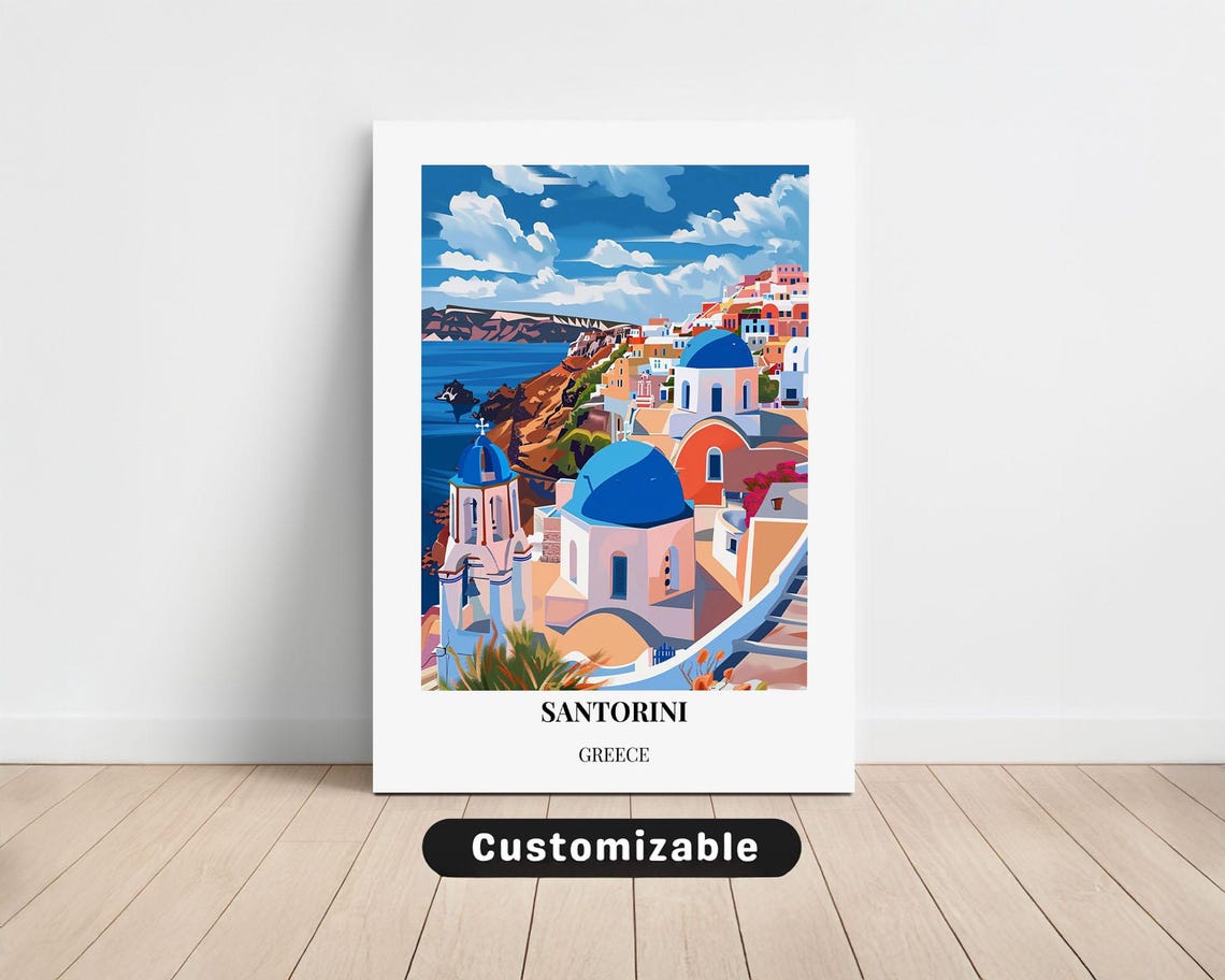 Santorini Greece Blue Domes Oia Caldera View Vintage Travel Poster
