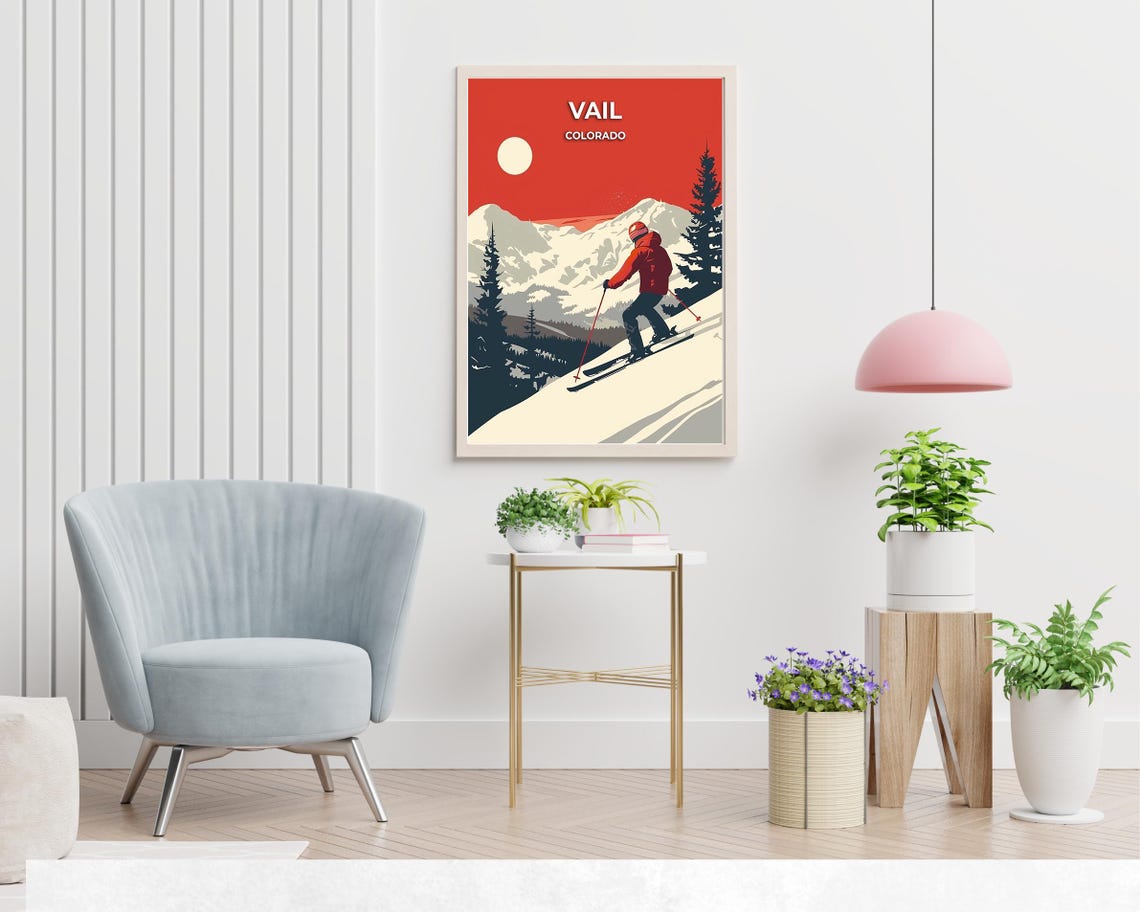 Vail Colorado Red Sky Sunset Skier Speeding Down Snowy Slope Poster - Image 2
