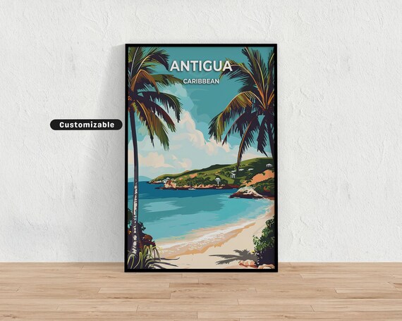 Antigua Caribbean Turquoise Bay Palm Framed Beach Retro Travel Poster