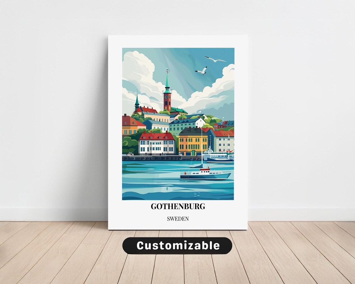 Gothenburg Sweden Harbor Boats Church Spire Colorful Travel Poster
