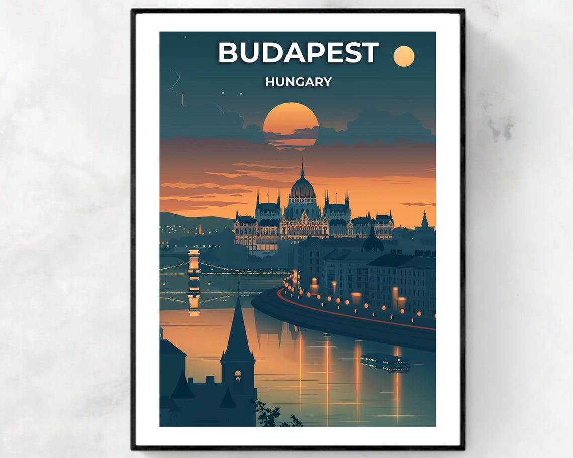 Budapest Hungary Sunset Parliament Danube Vintage Travel Poster