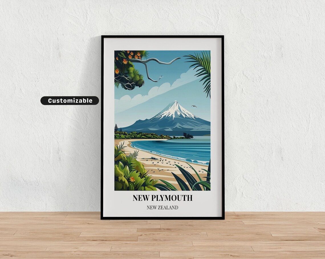New Plymouth New Zealand Taranaki Beach Tropical Travel Poster