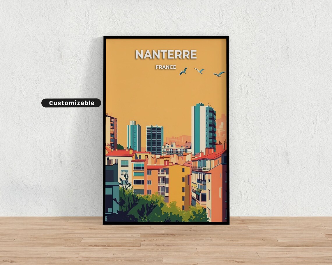 Nanterre France Orange Sky City Towers Birds Modern Travel Poster
