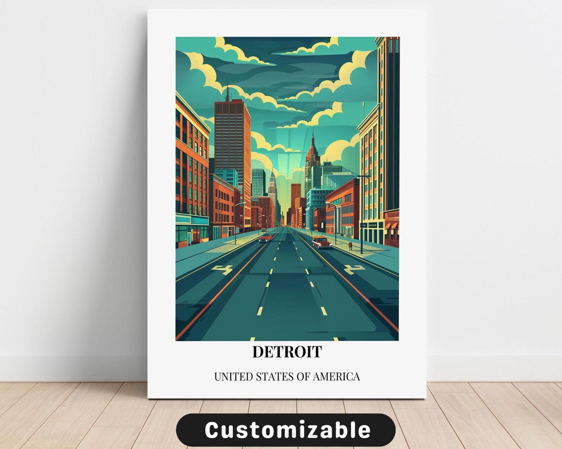 Detroit USA Travel Downtown Street Skyline Vintage City Artwork Print