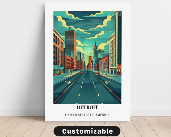 Detroit USA Travel Downtown Street Skyline Vintage City Artwork Print