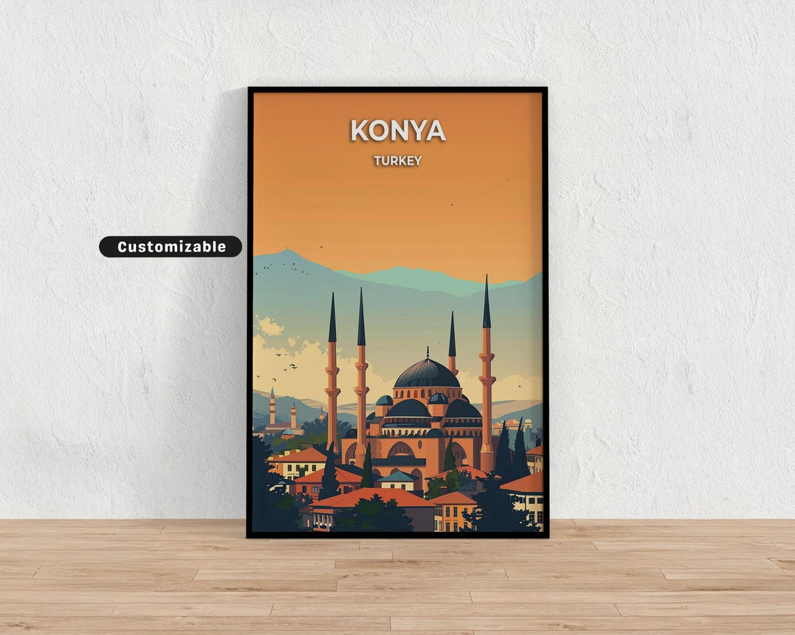 Konya Turkey Grand Mosque Travel Poster Sunset Minarets Scene