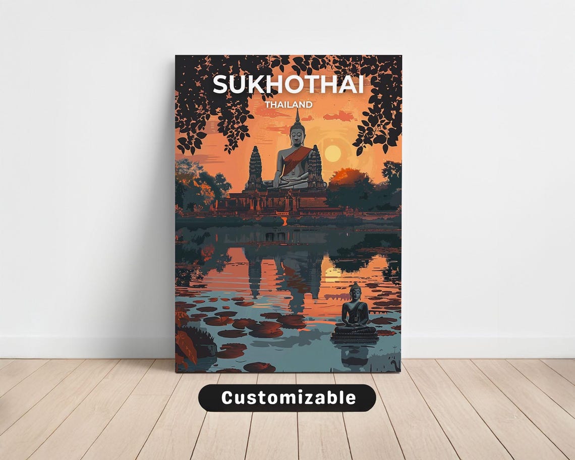 Sukhothai Thailand Buddha Sunset Vintage Travel Temple Poster