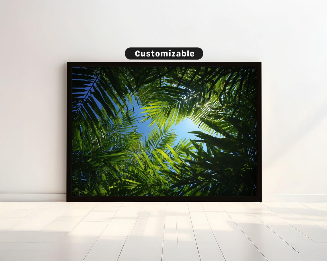 Tropical Palm Leaf Canopy Against Blue Sky Coastal Nature Photography Poster