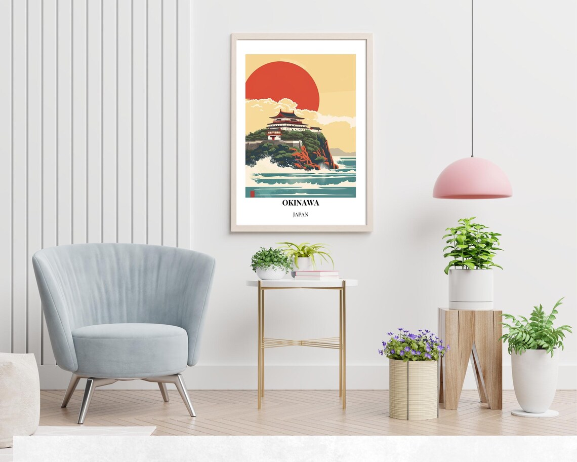Okinawa Japan Castle Island Red Sun Retro Waves Seascape Poster - Image 2