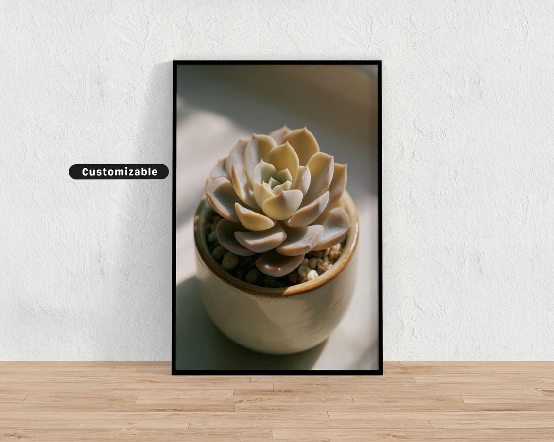 Centeraligned Succulent Plant In Soft Beige Hues Minimal Botanical Wall Art Neutral Nature Print