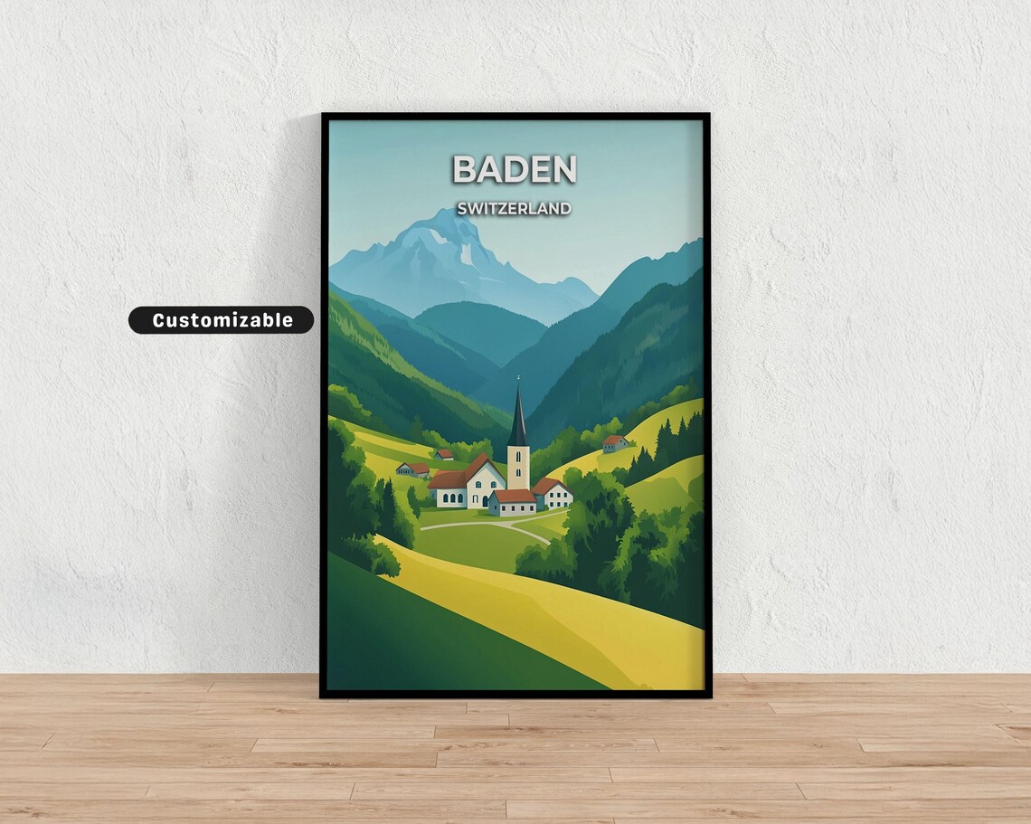 Baden Switzerland Alpine Village Church Spire Meadow Valley Art Poster